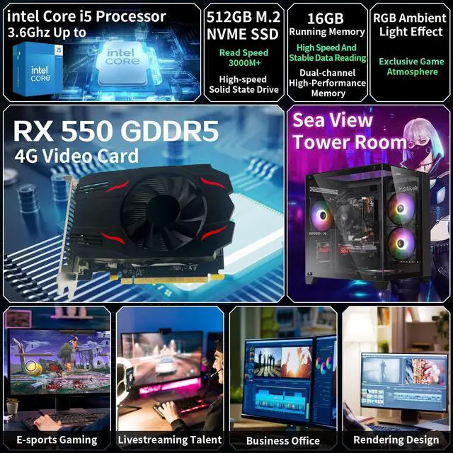 Alt view image 2 of 7 - Prebuilt Gaming PC Desktop Computer,Intel Core i5 Desktop,Operating at A Frequency of 3.2-3.6 GHz,RX550 Graphics Card with 4GB GDDR5 Video Memory,16GB RAM, 512GB NVME SSD,WiFi5,RGB Fan x4 Windows 11