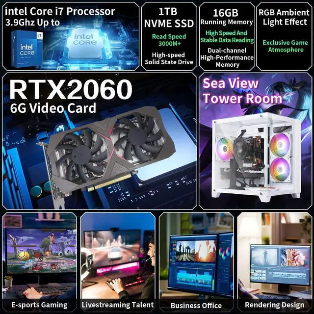 Alt view image 2 of 7 - Gaming PC Desktop Computer,Intel Core i7 Desktop,Operating at A Frequency of 3.4GHz,RTX2060 6GB Graphics Card with 6GB GDDR6 Video Memory,16GB RAM, 1TB NVME SSD,WiFi 5.0,RGB Fan x4,White