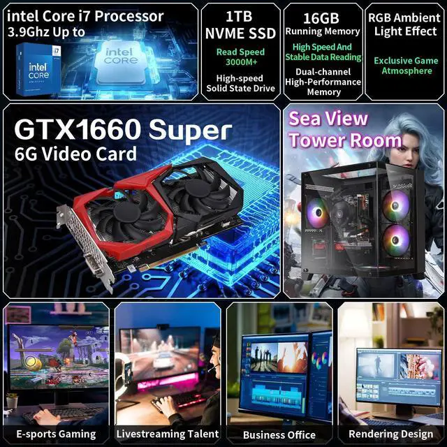 Alt view image 2 of 6 - Prebuilt Gaming PC Desktop Computer,Intel Core i7 Desktopup to 3.9GHz,GTX1660Super Graphics Card with 6GB GDDR6 Video Memory,16GB DDR4 RAM, 1TB NVME SSD,WiFi 5.0,RGB Fan x4,Suitable for gaming