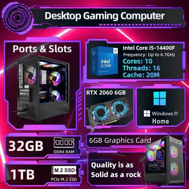 Alt view image 2 of 7 - Prebuilt Gaming PC Desktop Computer , Intel 14th Core i5-14400Fup To 4.7GHz,32GB DDR4 3200 RAM, 1TB M.2 NVME SSD,RTX2060 6GB GDDR6 Graphics Card WIFI6 HDMI,RGB Fan x5,Windows 11 Home