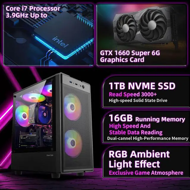 Alt view image 2 of 7 - Prebuilt Gaming PC Desktop Computer,Intel Core i7 Desktop,Operating at A Frequency of 3.4-3.9 GHz,RX1660 Super Graphics Card with 6GB GDDR6 Video Memory,16GB RAM, 1TB NVME SSD,WiFi 5.0,RGB Fan x5