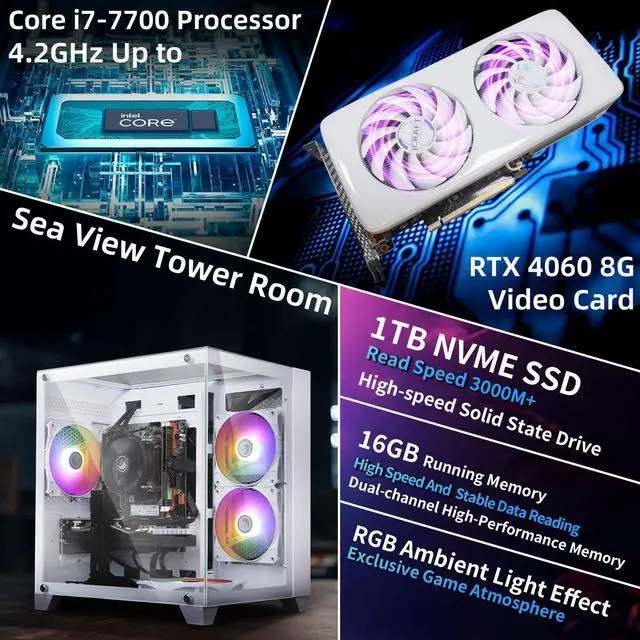Alt view image 5 of 7 - Prebuilt Gaming PC Desktop Computer,Core i7 7700 Desktop,Operating at A Frequency of 3.6-4.2 GHz,RTX 4060 Graphics Card with 8GB GDDR6 Video Memory,16GB RAM, 1TB NVME SSD,WiFi 5.0,RGB Fan x4