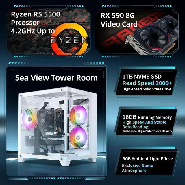 Alt view image 2 of 7 - Prebuilt Gaming PC Desktop Computer,AMD Ryzen R5 5500 Desktop,Operating at A Frequency of 3.6-4.2 GHz,RX590 Graphics Card with 8GB GDDR5 Video Memory,16GB RAM, 1TB NVME SSD,WiFi 5.0,RGB Fan x4