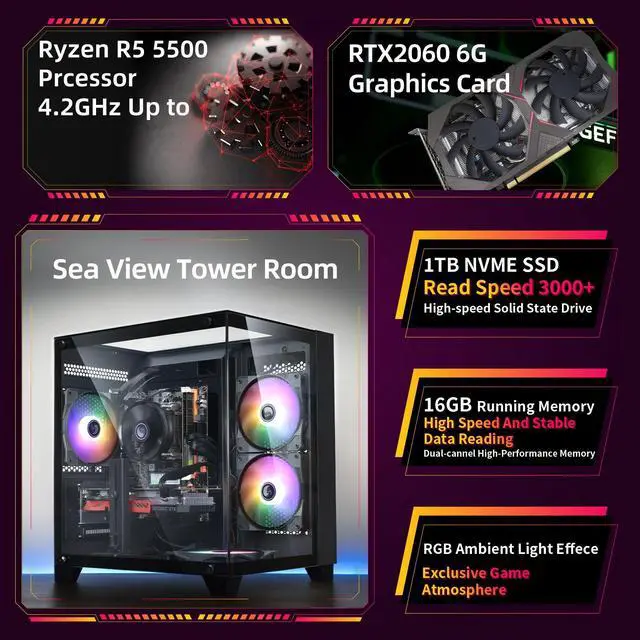 Alt view image 3 of 7 - Prebuilt Gaming PC Desktop Computer,AMD Ryzen R5 5500 Desktop,Operating at A Frequency of 3.6-4.2 GHz,RTX2060 Graphics Card with 6GB GDDR6 Video Memory,16GB RAM, 1TB NVME SSD,WiFi 5.0,RGB Fan x4