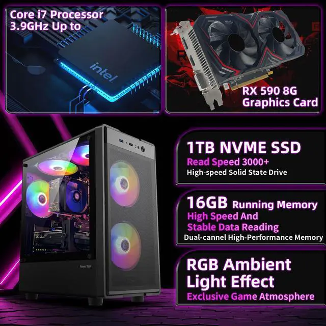 Alt view image 2 of 7 - Prebuilt Gaming PC Desktop Computer,Intel Core i7 Desktop,Operating at A Frequency of 3.4-3.9 GHz,RX590 Graphics Card with 8GB GDDR5 Video Memory,16GB RAM, 1TB NVME SSD,WiFi 5.0,RGB Fan x5