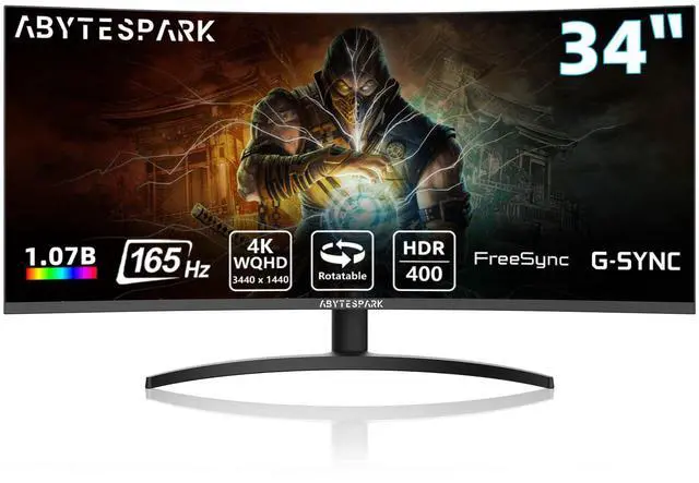 34 Inch Curved Ultra Wide WQHD 4K (3440 × 1440) Gaming Monitor, 165Hz 1500R-PIP/PBP, 1ms (MPRT), HDR400, DCI-P3 95%,FreeSync & G-Sync, 2 x DP 1.4 And 2 x HDMI 2.0, Tilt Height Adjustment