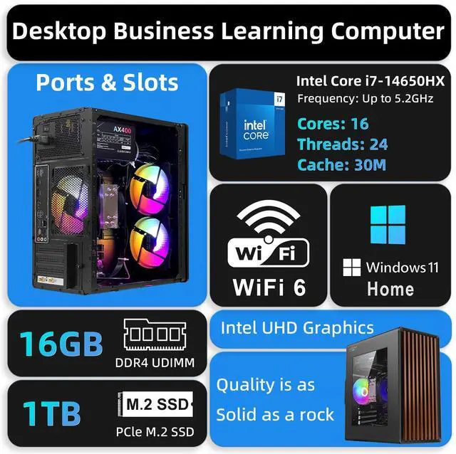 Alt view image 2 of 7 - Tower Business Desktop Computer PC - Intel 14th Generation Core i7-14650HX 16 cores and 24 Threads, 16GB DDR4 3200 RAM, 1TB M.2 NVME SSD,Windows 11 Home,WiFiHDMI,RJ-45,Wired Keyboard & Mouse.