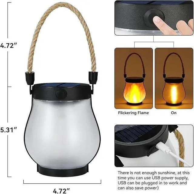 Alt view image 4 of 7 - Solar Lantern Outdoor Lights with Dancing Flame,Waterproof Hemp Rope Hanging