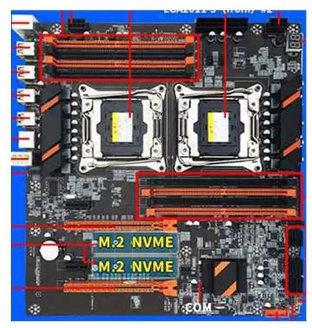 Main image of X99 dual CPU motherboard supports 4 ECC memory and supports up to 256G LGA2011 motherboard with 2XE5 2650 V3 CPU