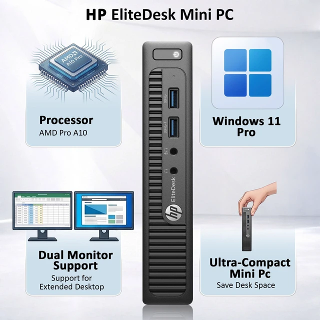 Alt view image 7 of 7 - HP Elitedesk 705 G3 Mini PC, AMD PRO A10-8770E Processor, 16GB DDR4 Memory, 1TB SSD Storage, Wi-Fi, Wireless Keyboard & Mouse, Windows 11 Pro, Tiny Pc