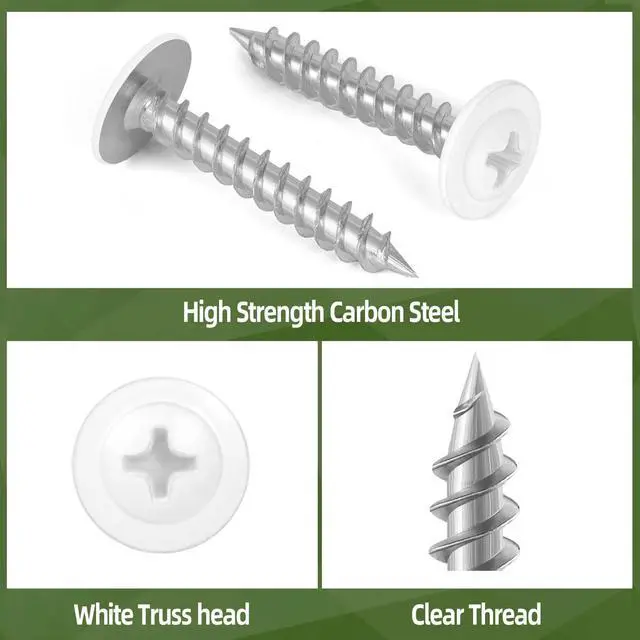 Alt view image 2 of 5 - #8 x 1-1/2" (80 PCS) Modified Truss Head Wood Screws, Phillips Drive Quick Metal Self Tapping Screws, Carbon Steel, White Head, Full Thread, Screwdriver Bit Included