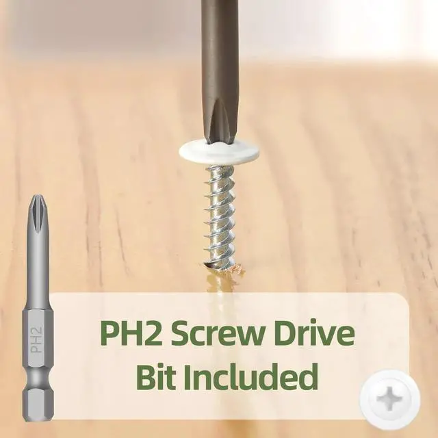 Alt view image 4 of 5 - #8 x 1-1/2" (80 PCS) Modified Truss Head Wood Screws, Phillips Drive Quick Metal Self Tapping Screws, Carbon Steel, White Head, Full Thread, Screwdriver Bit Included