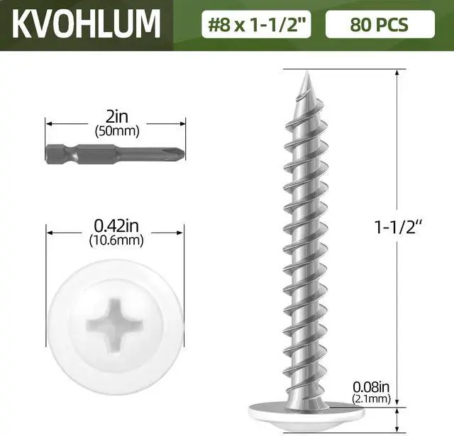 Alt view image 5 of 5 - #8 x 1-1/2" (80 PCS) Modified Truss Head Wood Screws, Phillips Drive Quick Metal Self Tapping Screws, Carbon Steel, White Head, Full Thread, Screwdriver Bit Included