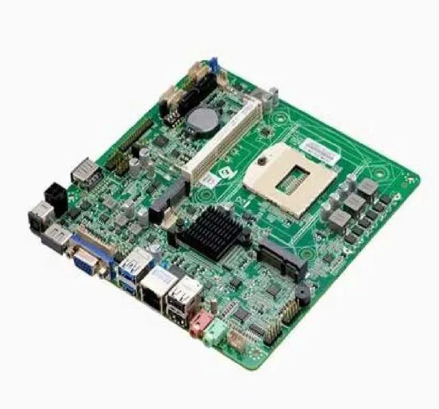 Main image of The HM86 motherboard is a fourth-generation PGA946 CPU single-board embedded ultra-thin motherboard with a port, LAN port, DC19V power supply, DDR3L memory, 8 USB ports, VGA port and LVDS output.