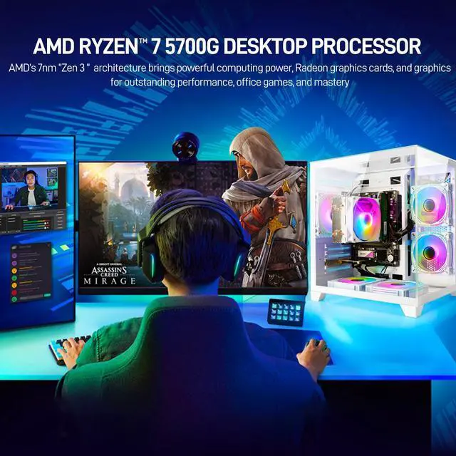 Alt view image 7 of 7 - LXZ Gaming PC Desktop,AMD Ryzen 5 5600GT(6-Core,4.6GHz),16GB DDR4 3200MHz,1TB NVMe SSD,Supports WiFi 6, RGB Fans,Seaview-style PC case,Prebuilt Gaming PC Tower