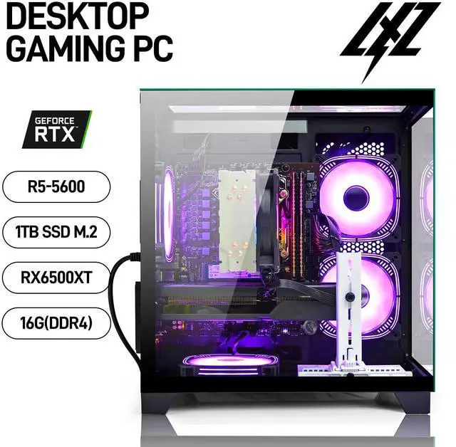 Alt view image 7 of 7 - LXZ Gaming Desktop Computer PC,Powered by AMD Ryzen 5 5600(4.4 GHz Turbo),RX 6500XT 4GB Graphics,16GB DDR4 3200MHz,1TB NVMe SSD,Supports WiFi6,Seaview Case,Prebuilt Gaming PC Tower
