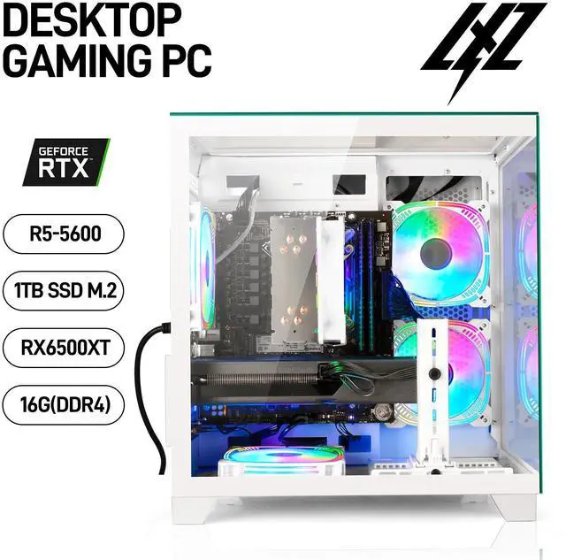 Alt view image 7 of 7 - LXZ Gaming Desktop Computer PC,Powered by AMD Ryzen 5 5600(4.4 GHz Turbo),RX 6500XT 4GB Graphics,16GB DDR4 3200MHz,1TB NVMe SSD,Supports WiFi6,Seaview Case,Prebuilt Gaming PC Tower