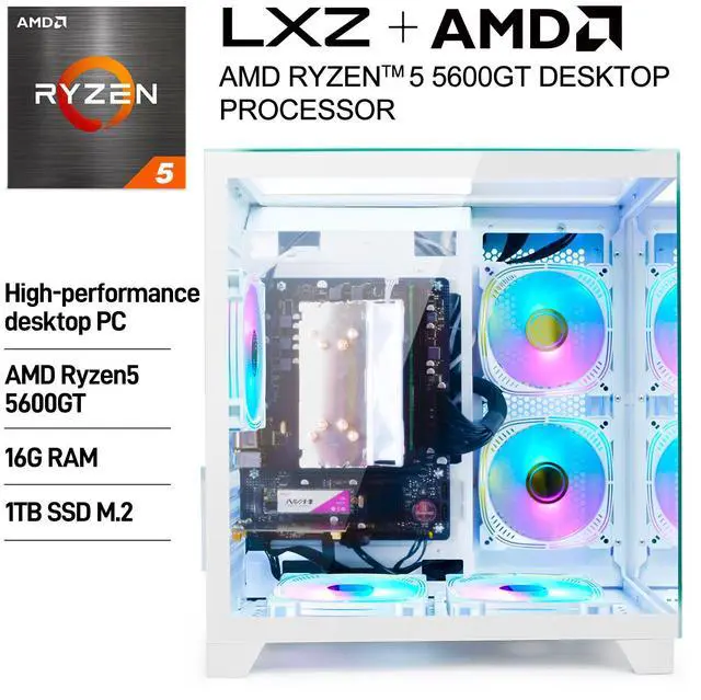 Alt view image 4 of 7 - LXZ Gaming PC Desktop,AMD Ryzen 5 5600GT(6-Core,4.6GHz),16GB DDR4 3200MHz,1TB NVMe SSD,Supports WiFi 6, RGB Fans,Seaview-style PC case,Prebuilt Gaming PC Tower