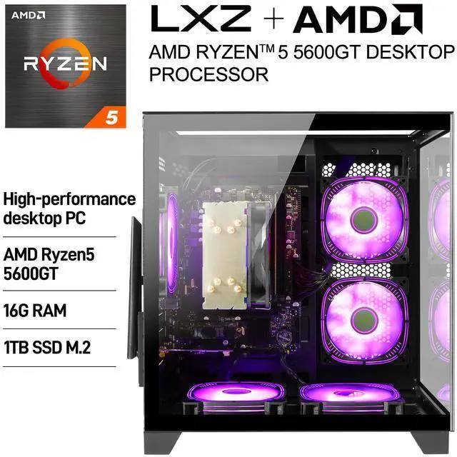 Alt view image 7 of 7 - LXZ Gaming PC Desktop,AMD Ryzen 5 5600GT(6-Core,4.6GHz),16GB DDR4 3200MHz,1TB NVMe SSD,Supports WiFi 6, RGB Fans,Seaview-style PC case,Prebuilt Gaming PC Tower Black