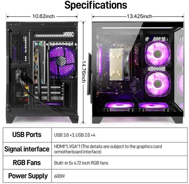 Alt view image 6 of 7 - LXZ Gaming PC Desktop,AMD Ryzen 5 5600GT(6-Core,4.6GHz),16GB DDR4 3200MHz,1TB NVMe SSD,Supports WiFi 6, RGB Fans,Seaview-style PC case,Prebuilt Gaming PC Tower Black