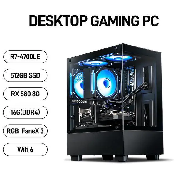 Alt view image 6 of 6 - LXZ Gaming PC Prebuilt Gaming Desktop R7 4700LE, Radeon RX 580,16GB DDR4 RAM, 512GB NVMe SSD,Prebuilt Gaming PC Tower, Supports WIFI 6, Bluetooth 5.2