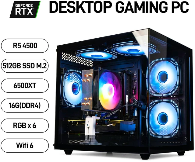 Alt view image 2 of 6 - LXZ Gaming PC Desktop, Prebuilt Gaming PC with AMD Ryzen 5 4500 6-Core 12-Thread up to 4.1 GHz, 16GB DDR4 RAM, 512GB NVMe SSD, Radeon RX 6500 XT, WiFi 6, Windows 11 Pro