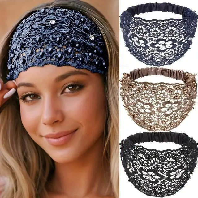 Main image of 3-Piece Set Ladies' Elegant Floral Wide Headbands  Stylish Hair Accessories for Casual Wear, Plum Blossom Hollow-Out Design with Beaded Embellishments, Ideal for Concealing Gray Hair