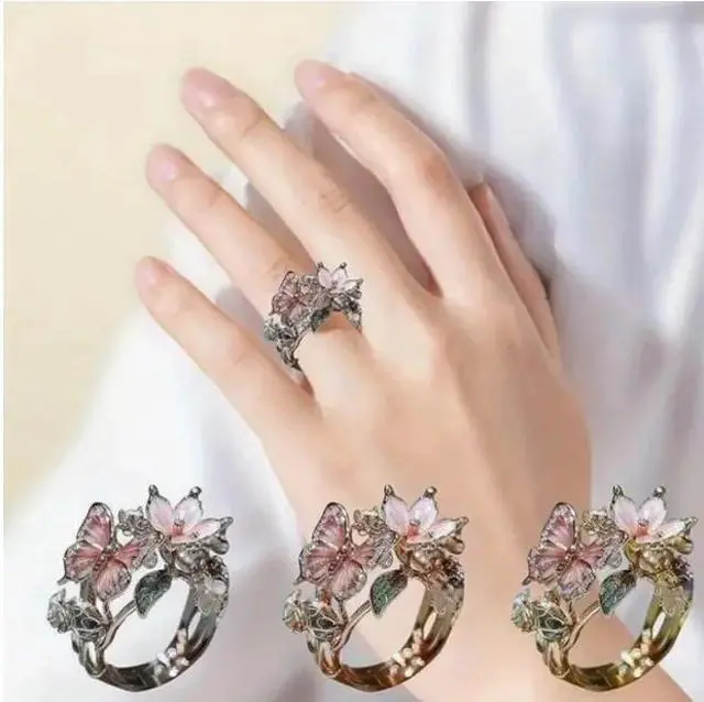 Alt view image 3 of 4 - Adjustable Copper Ring with Zirconia - Elegant Vintage Butterfly and Floral Design, Synthetic Zirconia Inlay, Adjustable Open Band, Perfect for Daily Wear and Special Occasions