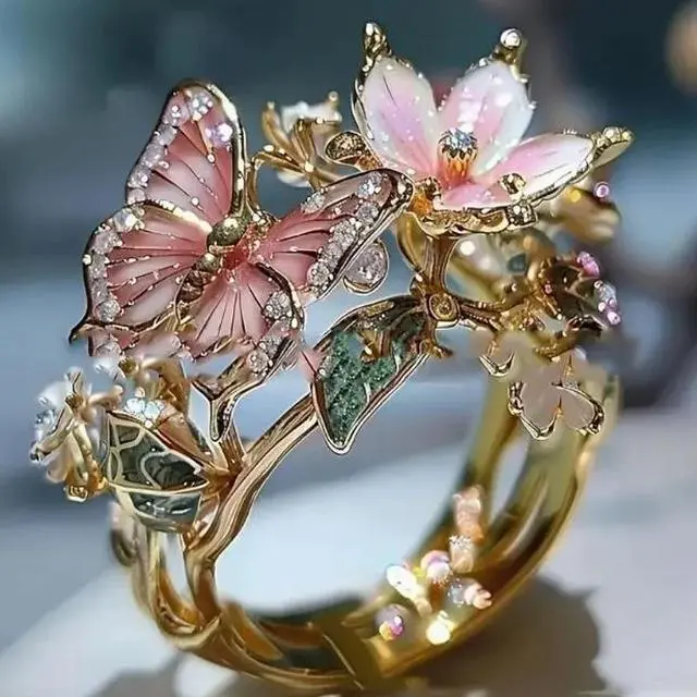 Alt view image 2 of 4 - Adjustable Copper Ring with Zirconia - Elegant Vintage Butterfly and Floral Design, Synthetic Zirconia Inlay, Adjustable Open Band, Perfect for Daily Wear and Special Occasions