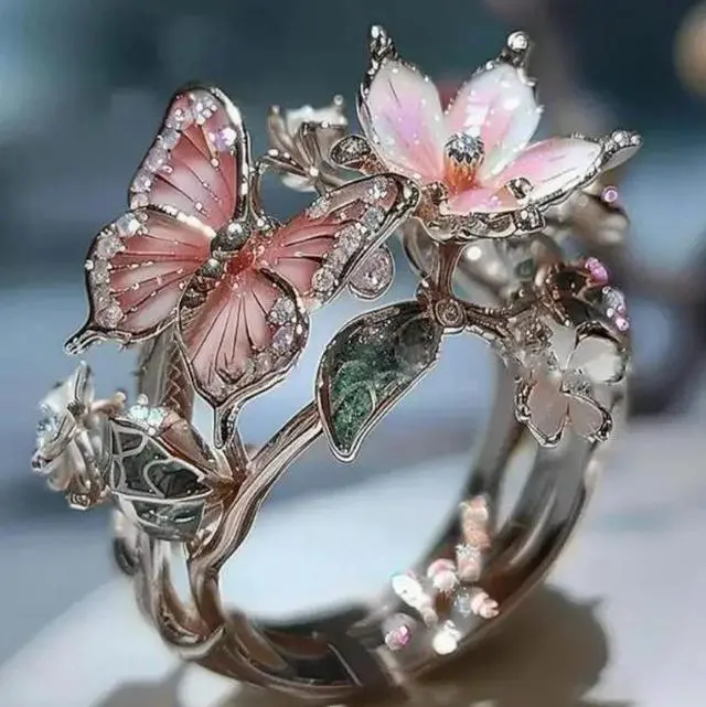 Alt view image 4 of 4 - Adjustable Copper Ring with Zirconia - Elegant Vintage Butterfly and Floral Design, Synthetic Zirconia Inlay, Adjustable Open Band, Perfect for Daily Wear and Special Occasions