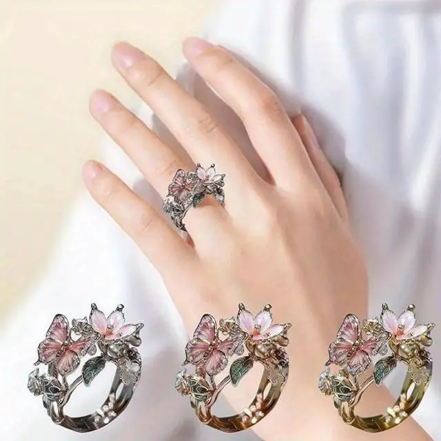 Alt view image 2 of 3 - A golden lady's butterfly-shaped ring, with flowers as the theme, featuring a butterfly-shaped adjustable band, a ring for ladies.