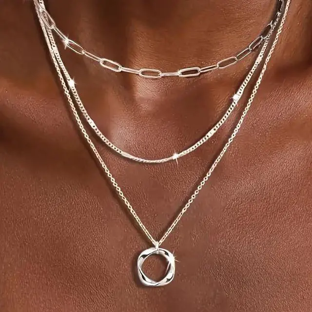 Alt view image 4 of 4 - Sterling Silver Multi-Layer Necklace with Stylish Round Pendant - Trendy Layered Design, 925 Pure Silver, Perfect Jewelry Gift for Women and Girls for Parties and Vacations