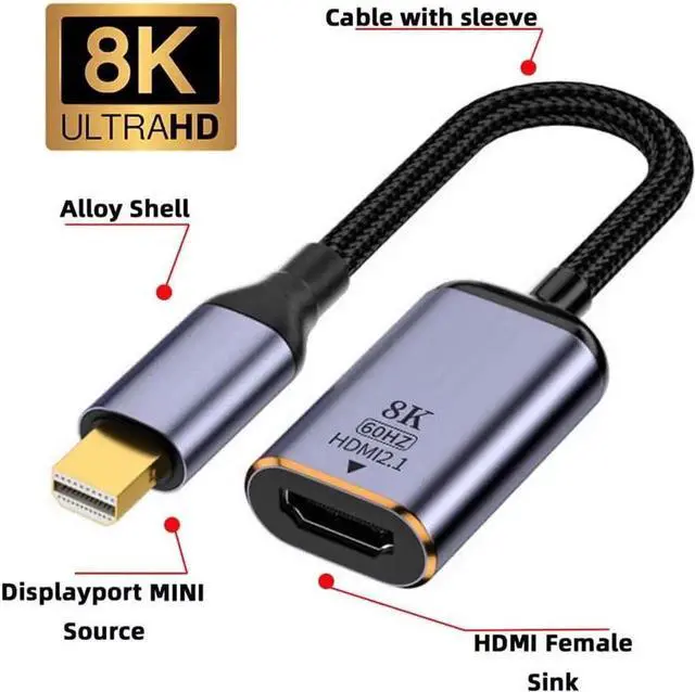 Alt view image 3 of 6 - JAENFONG Mini DisplayPort 1.4 Source to HDMI 2.1 Display 8K 60hz UHD 4K Mini-DP to HDMI Male Monitor Adapter Cable