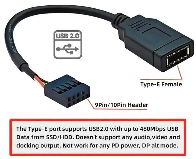 Alt view image 2 of 7 - JAENFONG USB 2.0 9Pin Male to USB 3.1 Type E Key-A Female Front Panel Socket to 9Pin Mainboard Header Extension Cable 0.49FT