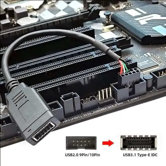 Alt view image 4 of 7 - JAENFONG USB 2.0 9Pin Male to USB 3.1 Type E Key-A Female Front Panel Socket to 9Pin Mainboard Header Extension Cable 0.49FT