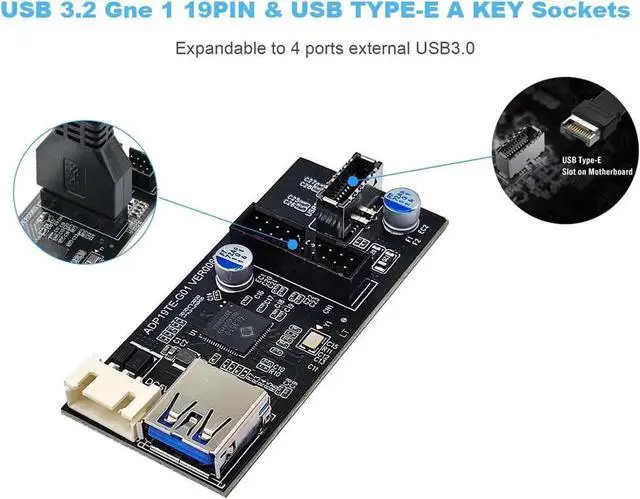 Alt view image 7 of 7 - JAENFONG Motherboard Internal USB 3.0 20Pin/19P Header to USB 3.2 Type-E A-Key and USB3 20 Pin Hub Splitter, Convert MB USB 19Pin Male to 2 Ports Expansion Card - 1.3FT USB 19-pin Internal Cable