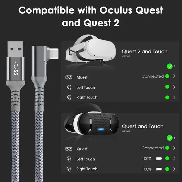 Alt view image 4 of 7 - JAENFONG 10ft /3M Nylon Braided VR Link Cable for Oculus Quest 2 and PC/Steam VR Quest VR Headset, Right-Angled 90 Degree USB A to USB C 5Gbps High Speed Data Transfer Charging Cord for Gaming PC ( A
