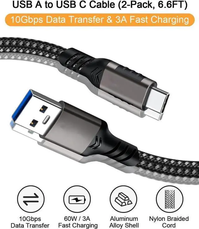 Alt view image 4 of 7 - JAENFONG USB A to USB C Cable [2 Pack 6.6ft], USB 3.1/3.2 Data Transfer and 60W 3A Fast Charging Cable, for Android Auto S-a-m s-u-n-g Galaxy S23 S22 S21 S20 Ultra and Other Type C Phone Laptop PC Dev