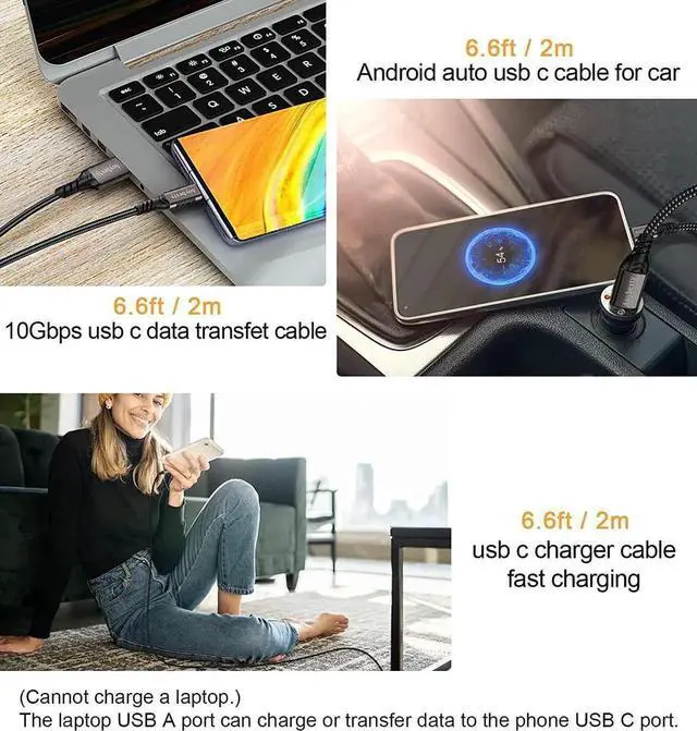 Alt view image 2 of 7 - JAENFONG USB A to USB C Cable [2 Pack 6.6ft], USB 3.1/3.2 Data Transfer and 60W 3A Fast Charging Cable, for Android Auto S-a-m s-u-n-g Galaxy S23 S22 S21 S20 Ultra and Other Type C Phone Laptop PC Dev