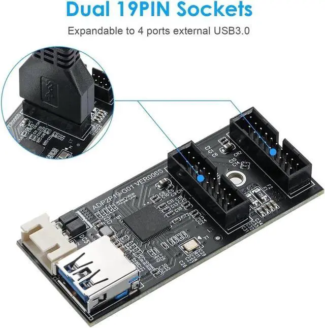 Alt view image 3 of 7 - JAENFONG Internal USB 3.0 Hub, Motherboard USB 19/20P to Dual Male Headers Extension Hub Splitter Adapter,Convert MB USB 3.2 Gen1 Male to 2 Ports - 1.3FT USB 19-pin Internal Cable