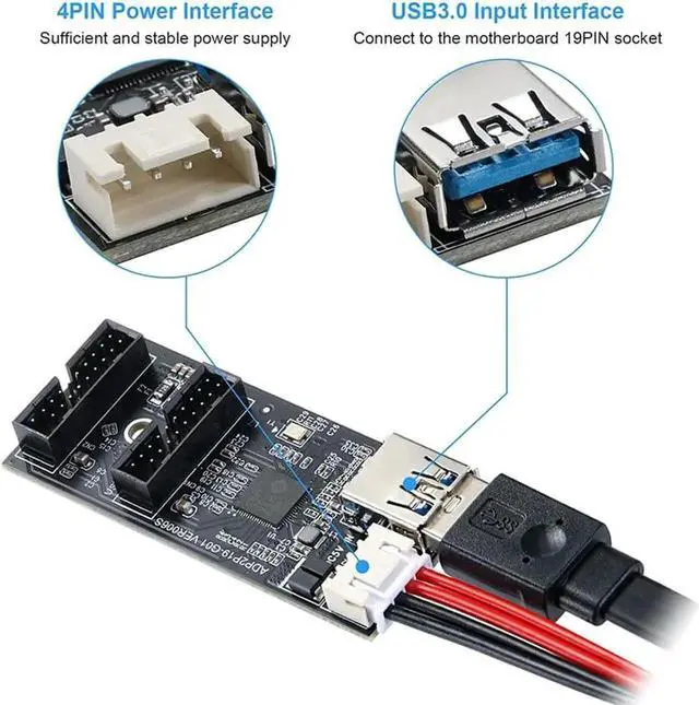 Alt view image 5 of 7 - JAENFONG Internal USB 3.0 Hub, Motherboard USB 19/20P to Dual Male Headers Extension Hub Splitter Adapter,Convert MB USB 3.2 Gen1 Male to 2 Ports - 1.3FT USB 19-pin Internal Cable