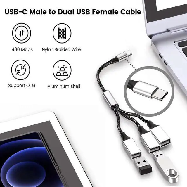 Alt view image 2 of 7 - JAENFONG USB C Male to Dual USB Female Adapter, USB C to USB Splitter, Type C to Two USB A 2.0 OTG Adapter, Multiple Hub for Laptop/Tablet/Telephone/Flash Disk Drive/Gaming Consoles 0.8ft
