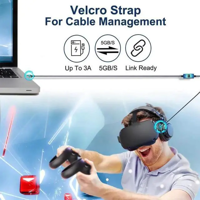 Alt view image 6 of 6 - JAENFONG USB3.2 Gen1 VR Link Streamline For Oculus Quest 2, Model: A-C Aluminum Shell 5M Braided Wire -5M