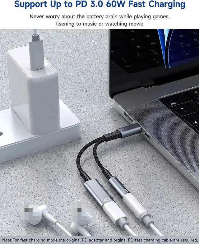 Alt view image 4 of 6 - JAENFONG USB C to 3.5mm Headphone and Charger Adapter, 2 in 1 USB C PD 3.0 Charging Port to Aux Audio Jack and 60W Fast Charging Dongle Cable Cord for Gal-axy S22/S21/S20/Note 20,Pixel 6/5/4/XL, i-P-a