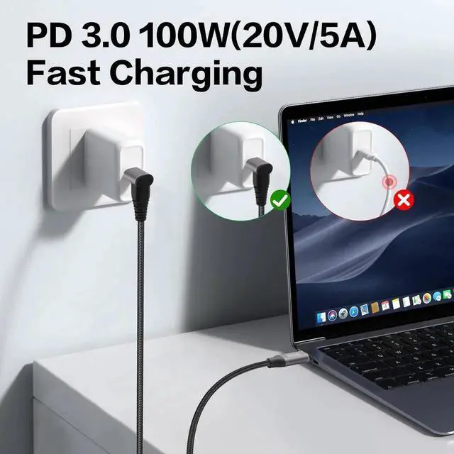 Alt view image 2 of 6 - JAENFONG USB C to USB C 90 Degree Cable 10Gbps USB Type-C 3.1 Gen2 Male to Male Data Transfer 4K@60Hz Video Cable Support 100W Fast Charging (0.5M/1.6FT)