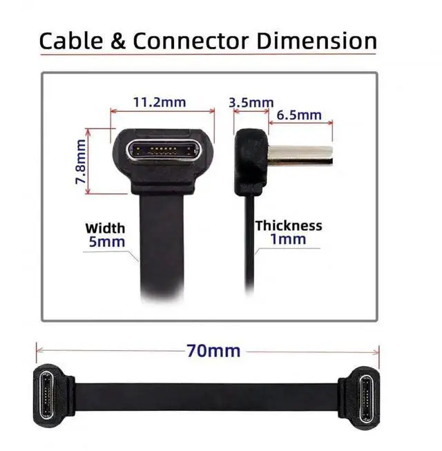 Alt view image 4 of 7 - JAENFONG Cable USB-C Type C to USB-C Ultra Slim Flat Power USB2.0 Data Cable Angled Connector 65W Fast Charge for Laptop Tablet Phone Black