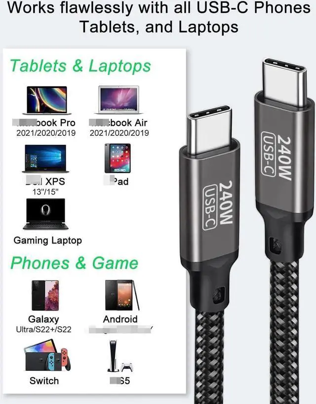 Alt view image 7 of 7 - JAENFONG USB C to USB C Cable 240W 6.6ft / 2M, Type C to Type C Cable, PD3.1 Fast Charging Cord Type C 48V 5A Nylon Braided Cable for M-a-c-B-o-o-k Pro i-P-a-d Pro Gal-axy S22/A10 Other USB C Devices
