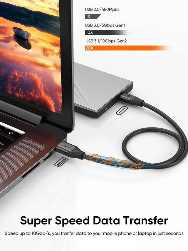 Alt view image 2 of 6 - JAENFONG CableCreation USB C to USB A Cable 1FT,USB 3.1 USB 3.2 Gen2 10Gbps USB A to C Data Cable, Android Auto Cable 3A for USB C External SSD MacBook Pro iPad S21, iPhone 16/15 Pro Max Plus,0.3m