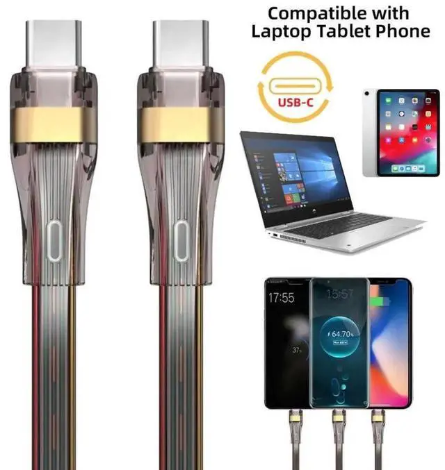 Alt view image 3 of 7 - JAENFONG USB C to C Flat Cable, USB 2.0 Type C Male to Male 480Mbps Data Transfer PD 65W Fast Charging Cable 3.28FT/1.0M