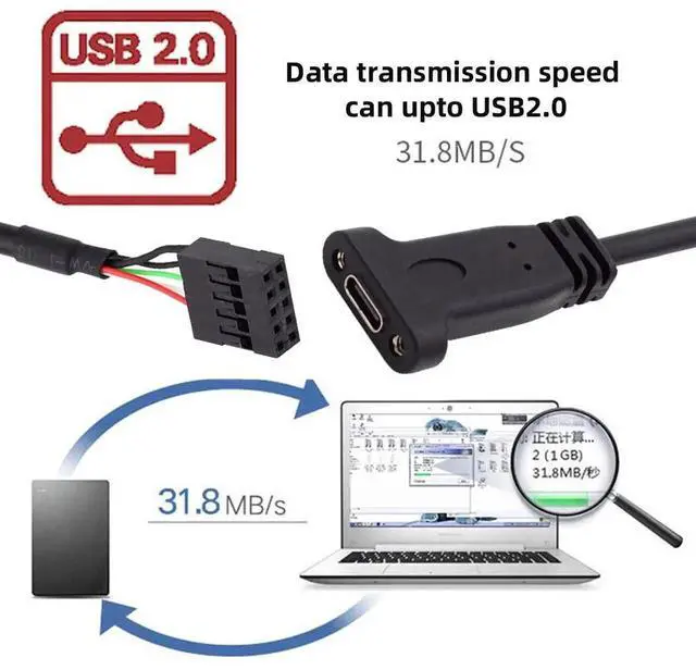 Alt view image 5 of 7 - JAENFONG Cable USB 3.1 Type C USB-C Female to USB 2.0 Motherboard 9pin 10pin Header Cable with Bracket Single Port